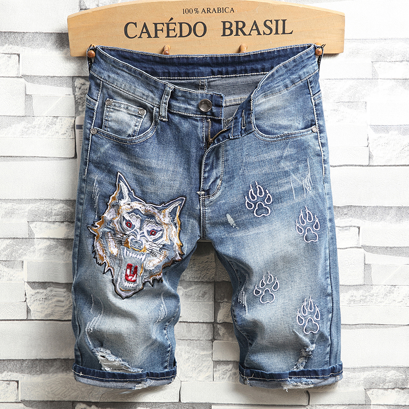 

Newest Men Short Denim Pants Ripped Embroidery Knee Length Middle Waist Causual Fashional Bleached Distressed Shorts Straight, J-2023