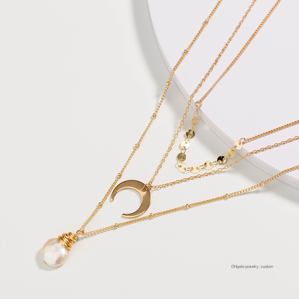 

2019 Multi-storey Necklace Golden Manual Chain Bone Chain Crescent Moon Bay Pendant Baroque Pearl Necklace