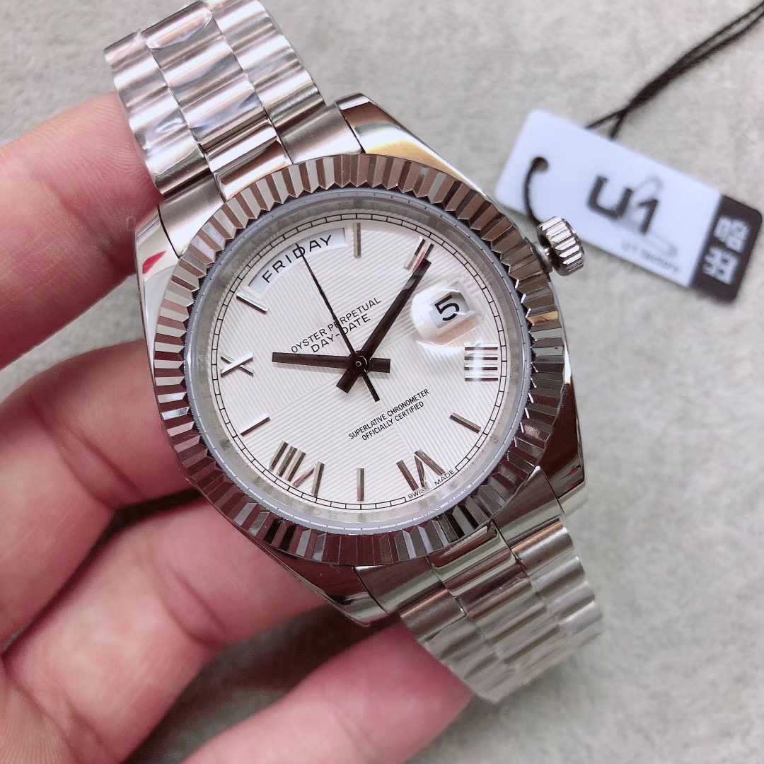 

U1 Factory Luxury Mens Watch DAY DATE Rome Number Face Big Date Automatic Mechanics Watch Men Sapphire Glass Stainless Steel mens watch, Slivery;brown