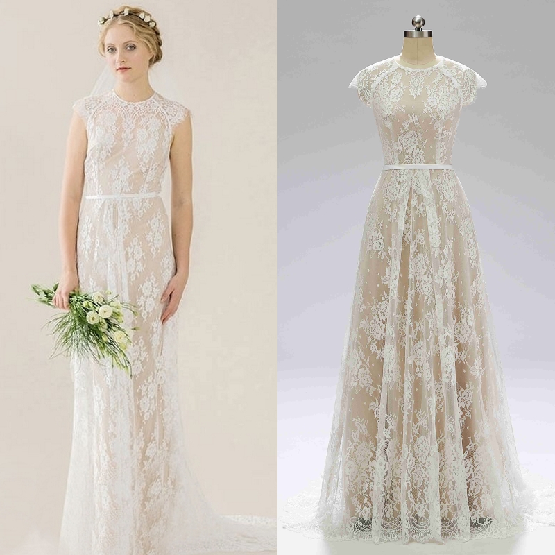 Vestidos de noiva BOHO bohème vintage dentelle longue robe de mariée champagne doublure robe de mariée pas cher