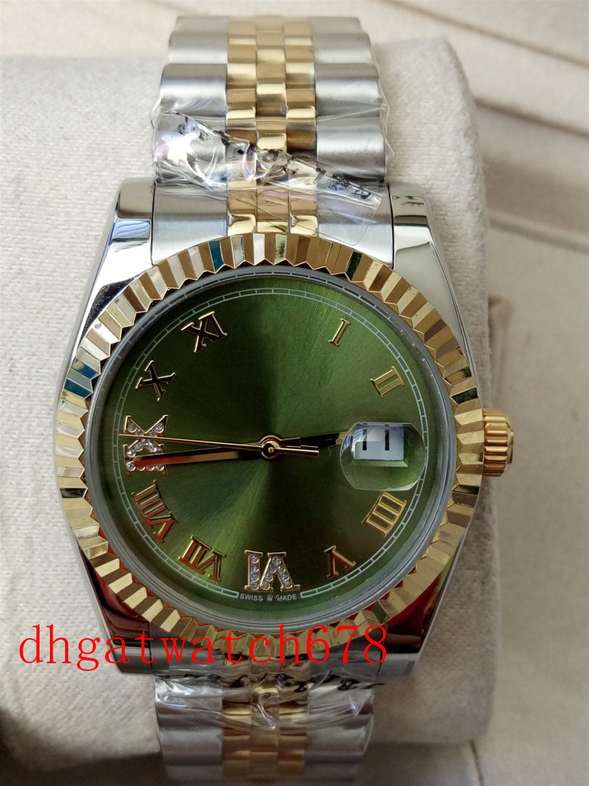 

High Quality Watch 126201 126203 Green Dial Perpetual date 36mm Two Tone steel strap Automatic Mechanical movement Roman numerals Unisex wat, Slivery;brown