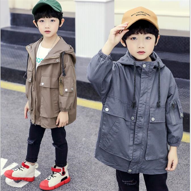 

Autumn Boy's long jacket wind coat cotton kids winter boys wind coat solid windbreak hooded outwear children clothes, Brown