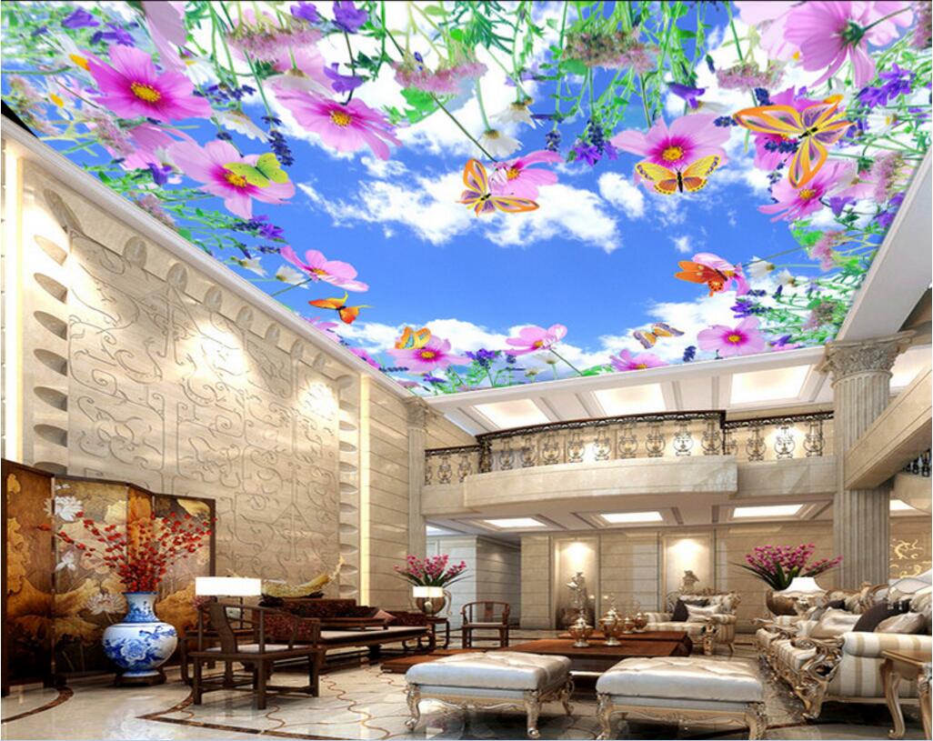 

WDBH 3d ceiling mural wallpaper custom photo Beautiful Blue sky flowers butterfly room home decor 3d wall murals wallpaper for walls 3 d, Non-woven