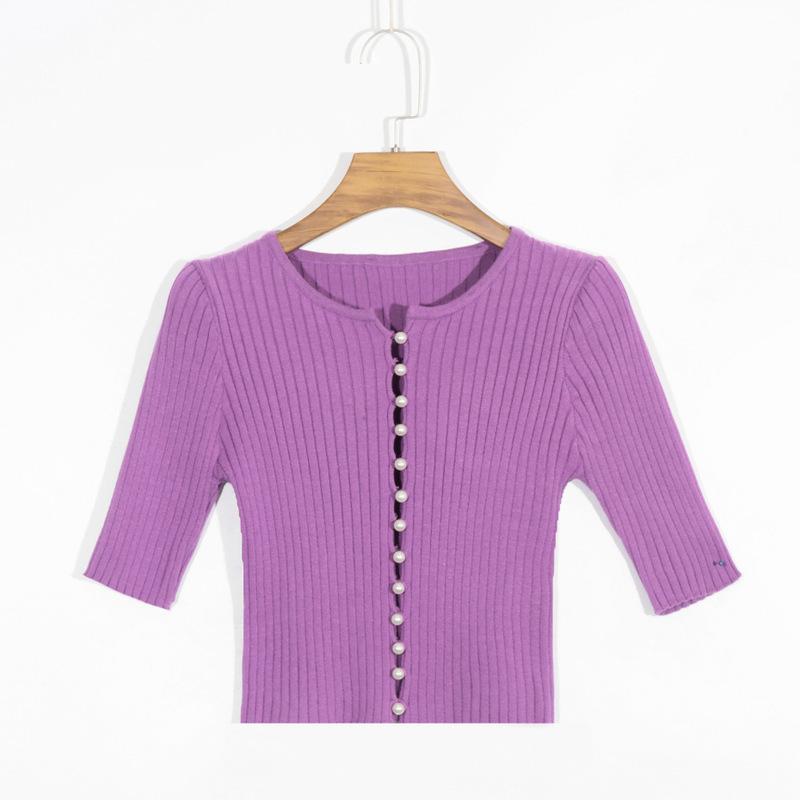 

Lf-f0711 butter fruit green small retro girl feeling pearl button cardigan with foreign style short top summer, Blue