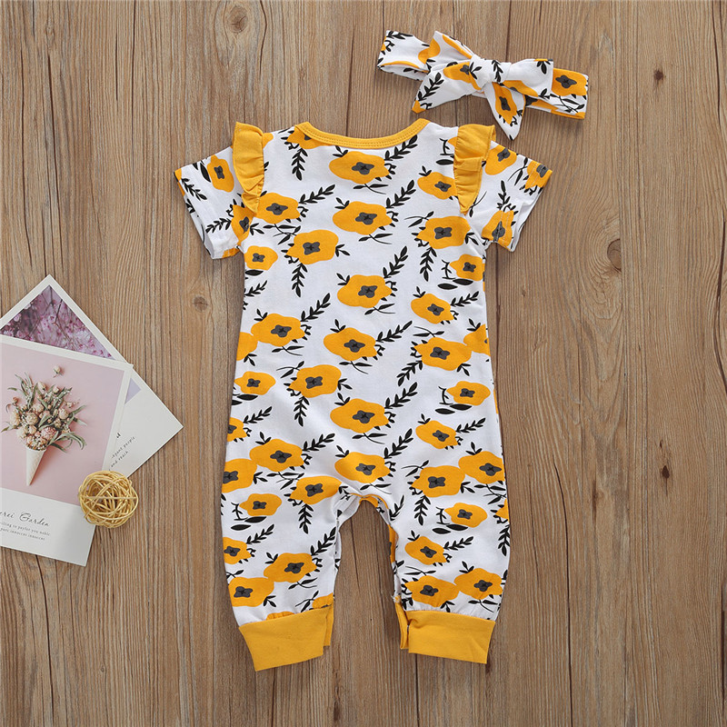 

0-18 Months Newborn Rompers Set Short Sleeve Floral Jumpsuit Ruffle Footless Jumpsuit Bow Headband Baby Girls Playsuit, As pic
