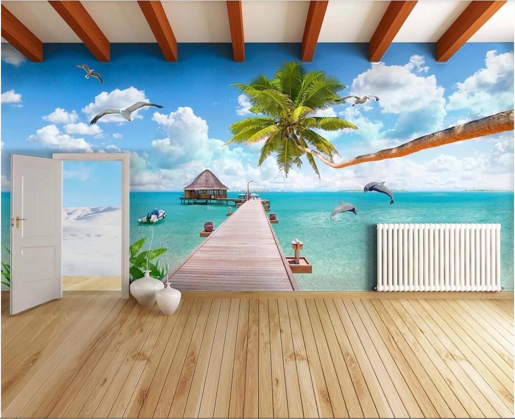 

custom photo 3d wallpaper Seascape coconut tree long bridge dolphin beach landscape painting TV background wall wallpaper for walls 3 d, Non-woven fabric