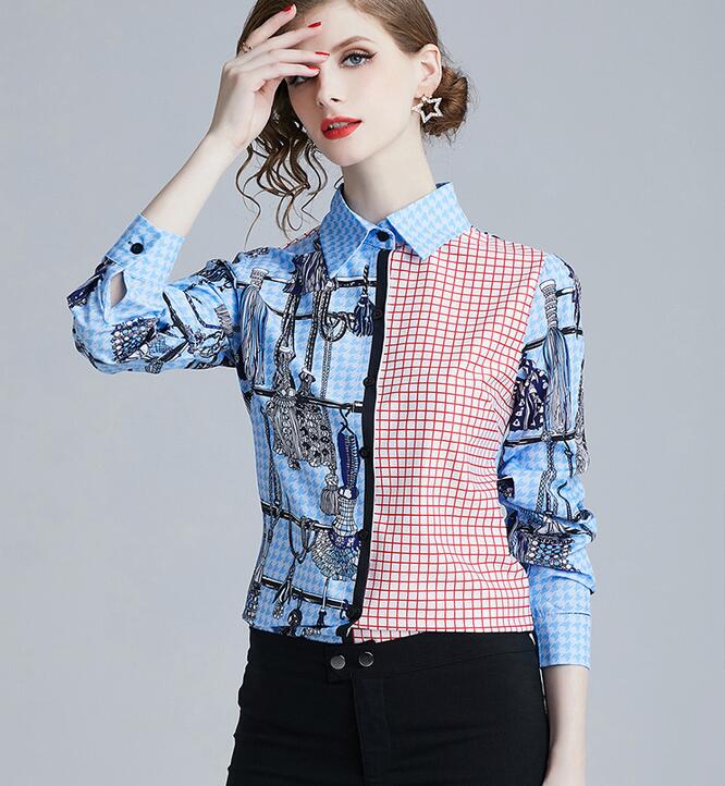 

Fashion Rope printed blue pink Houndstooth women blouses long sleeve lapel neck ladies shirts fashion printed top, Multi