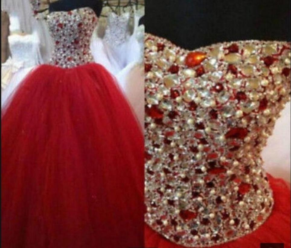 

Puffy Crystals Red Prom Dresses Sweetheart 2019 Ball gowns prom dress long Rhinestones Red Carpet Celebrity sweet 16 prom gowns, Same as image