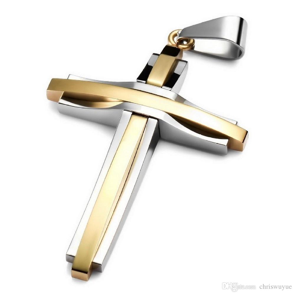 Collier pendentif en acier inoxydable pour hommes Croix d'or Pendentifs de bijoux pour hommes vintage Pendentif croix dorée - avec chaîne de 23 p