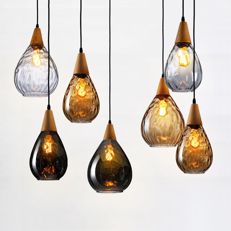 

Modern Glass Pendant Light Vintage Amber Smoky Clear Glass Wood Hanging Pendant Lamp Decorative Indoor Pendant Light E27 E26