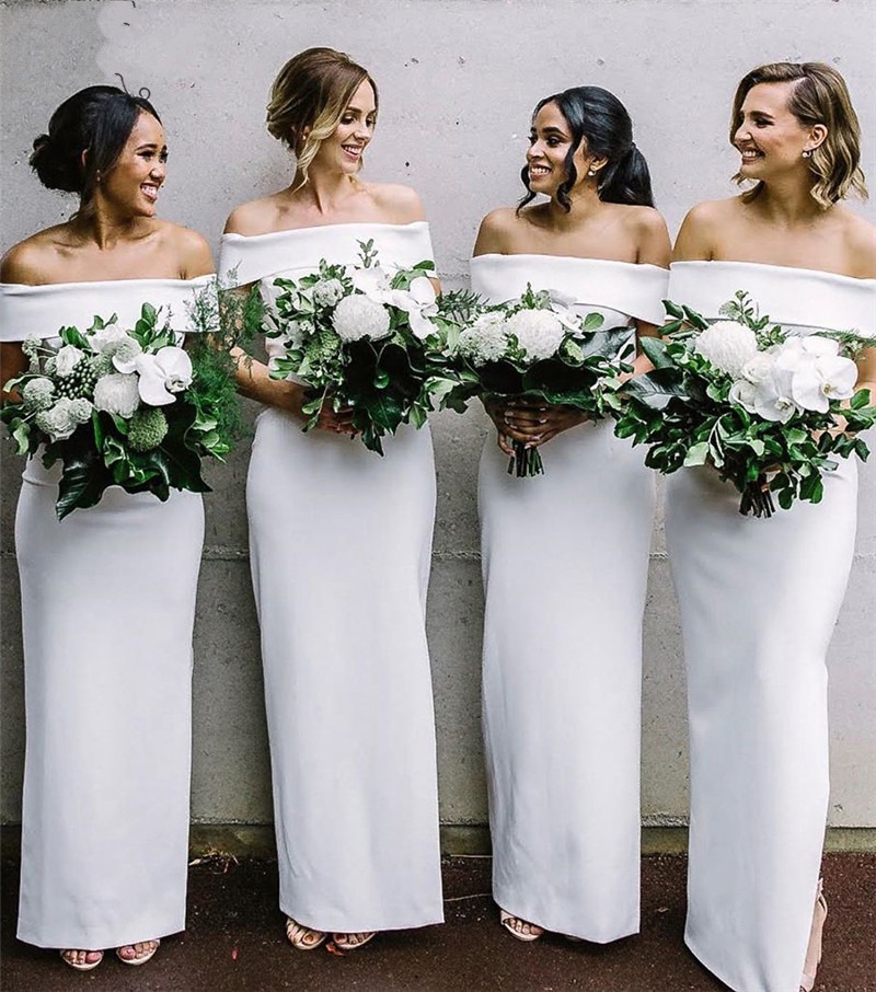 

White Off The Shoulder Sheath Bridesmaid Dresses2021 Long Plus Size Maid Of Honor Gowns Simple Boho Garden Wedding Guest Prom Dresses AL3736