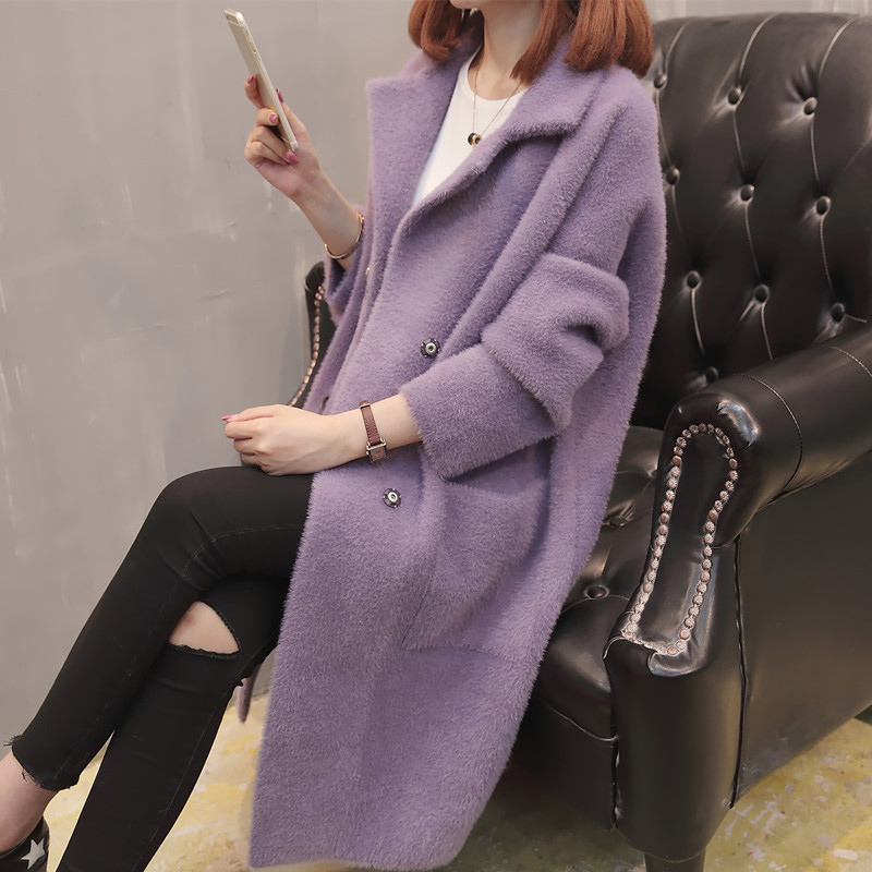 

2019 Long Knitting Cardigan Fake Mink Overcoat Woman Overknee Thickening Woolen Loose Coat, Black