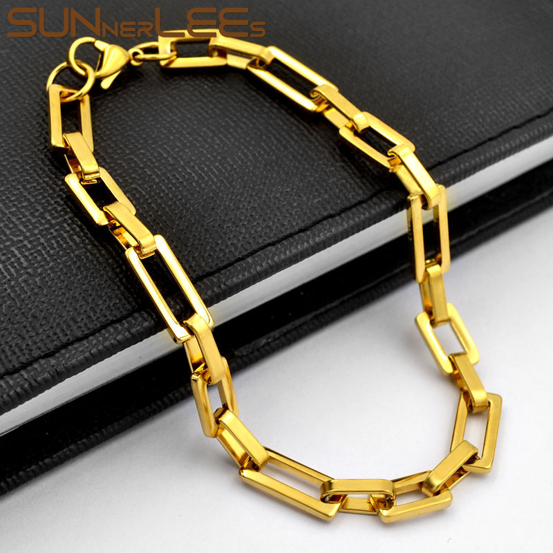 

SUNNERLEES 316L Stainless Steel Bracelet 6mm Geometric Link Chain Gold High Polished Men Women Fashion Jewelry Gift SC179 B