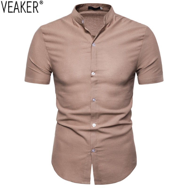 

2019 New Men' Summer Cotton Linen Shirts Men Solid Color Slim Fit Short Sleeve shirt Male Casual Mandarin Collar Shirts -2XL, Black