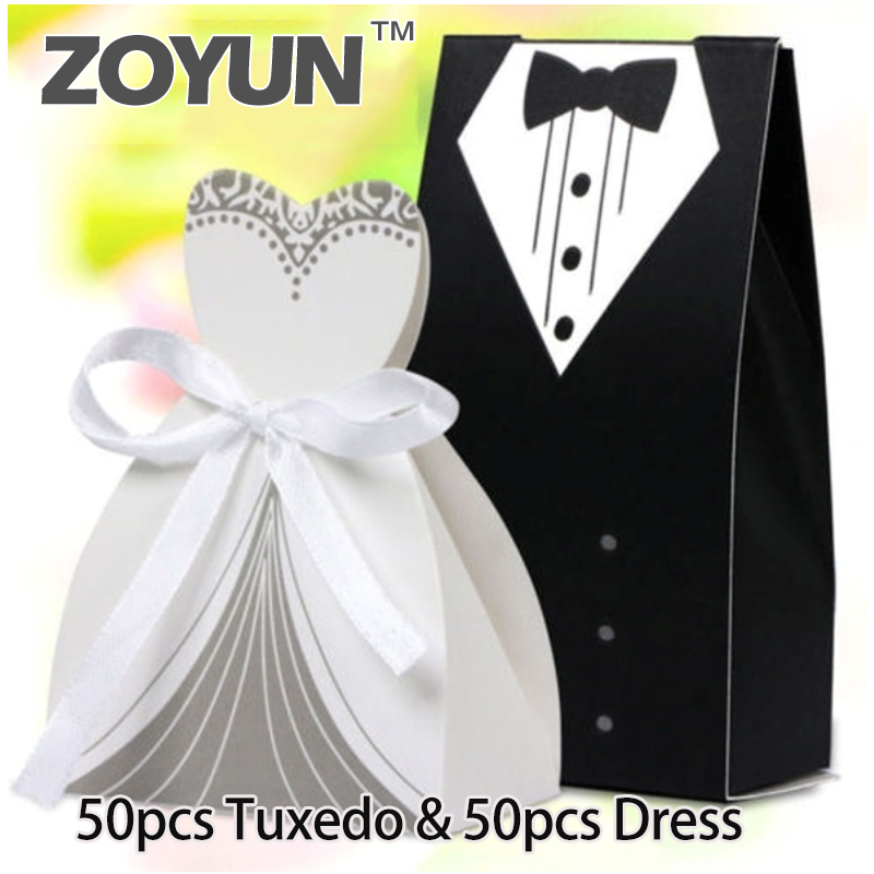 

100Pcs Case Tuxedo Dresses Hot Sale Wedding Party Ribbon Candy Box Groom Bridal Gift Candy Box Gifts Welfare Party Supplies