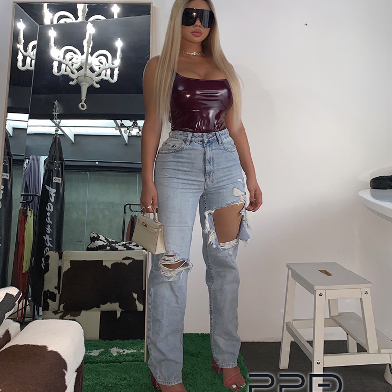 

2 Colors Black And Blue Self-Retaining Large Damage Rough Edges And Holes Heavy Washed High Waist Small Straight Denim Trousers, Color-1