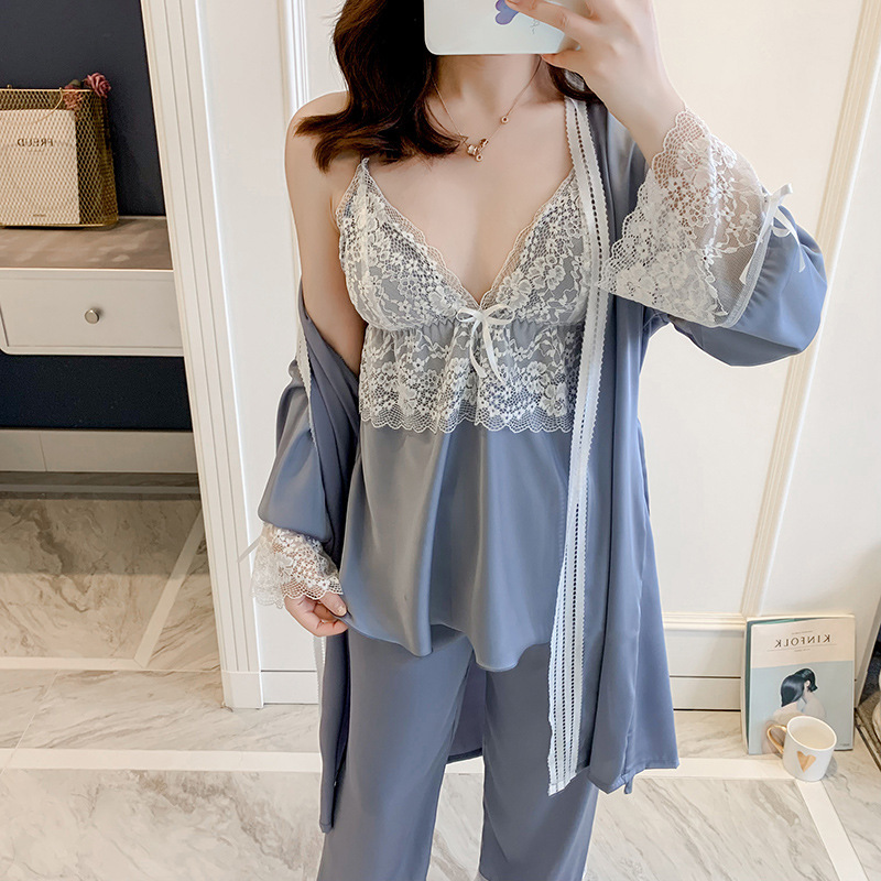 QWEEK Silk Pijamas Mujer Sleepwear Pyjamas Sexy Lace Nightwear Sleep Lounge Home Clothes Satin Pajamas for Women 2020 Homewear T200612