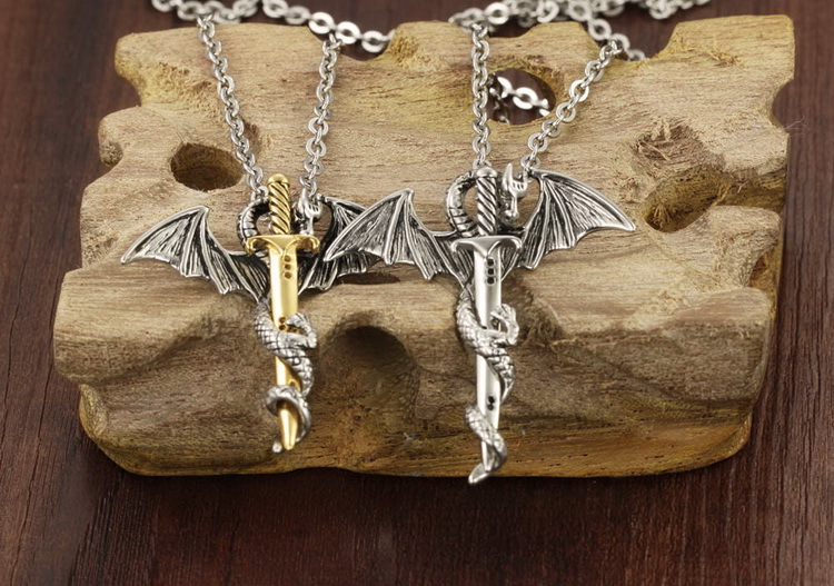 

Wholesale- luxury designer rock style vintage dragon sword riligious cross titanium steel men pendant necklace