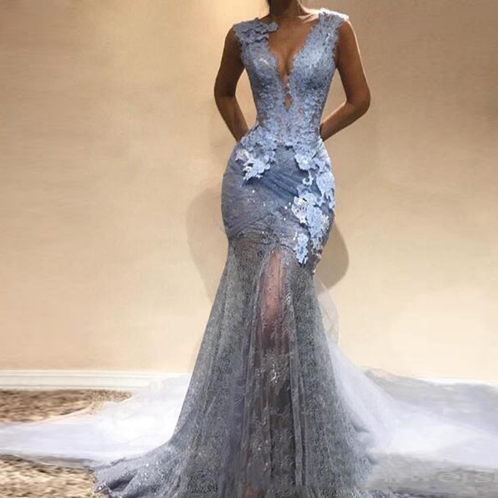 

Abendkleider 2020 Dusty Blue Lace long Mermaid Prom Dresses Sexy V Neck Sleeveless Formal Party Gowns Vestido De Festa, Gray