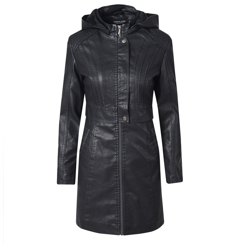 

New women' jacket women' PU leather long female leather jacket motorcycle windbreaker hooded Slim, Black