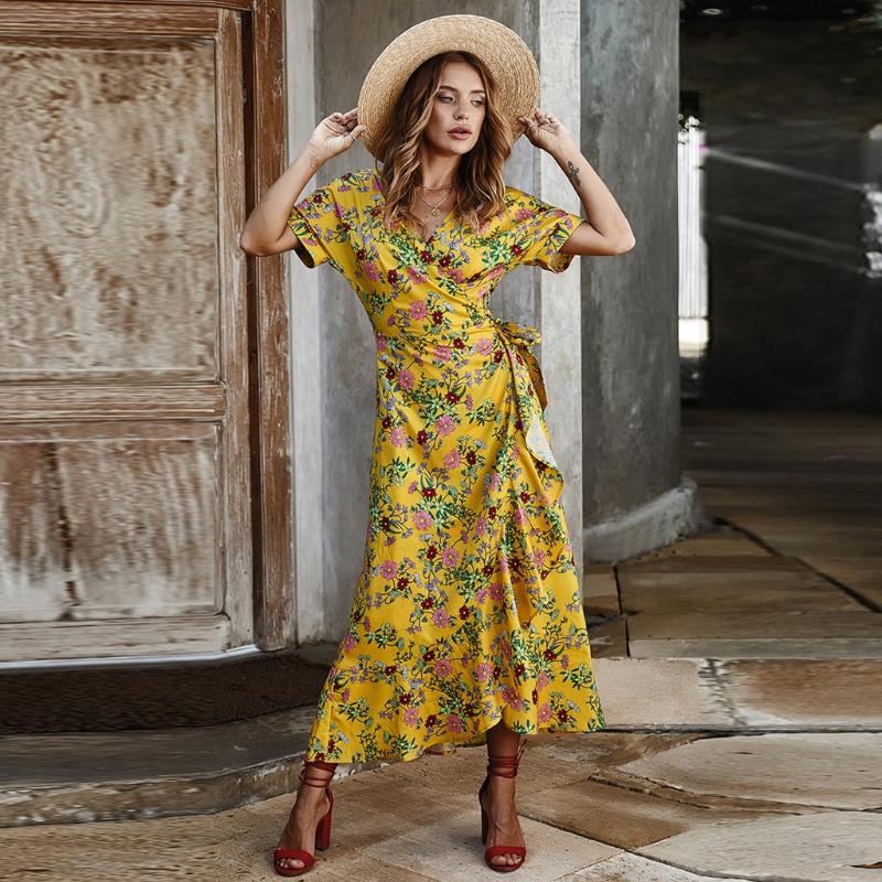 

Women summer dress Floral Print And calf belly V-Neck Dress Sexy Beach Vacation Bohemia Short sleeve