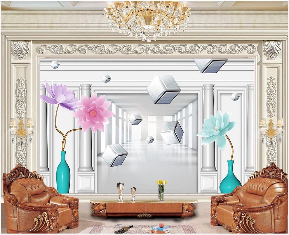 

3d landscapes wall custom murals 3D three-dimensional space vase lotus lotus flower TV background wall painting art canvas pictures, Non-woven fabric