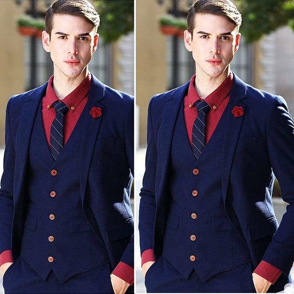 Handsome Navy Groomsmen Wedding Tuxedos Peaked Lapel Groom Mens Suits Slim Fit Man Jacket Blazer Suit (Jacket+Vest+Pants)
