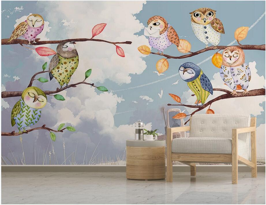 

3d wall murals wallpaper custom photo on the wall Nordic creative watercolor sky owl children's room background wall paper for kids room, Non woven wallpaper