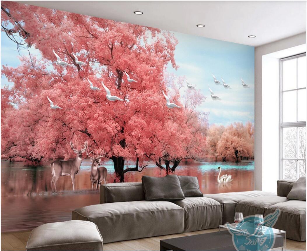 

3d wallpaper custom photo murals Fantasy pink tree elk swan lake scenery TV background wall wallpaper for walls 3 d, Non-woven fabric