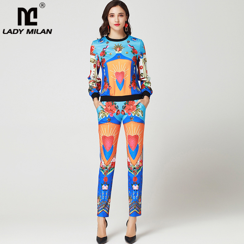 

2019 Women' Runway Twinsets O Neck Long Sleeves Beaded Printed Hoodies with Floral Pants Two Piece Pants Sets, Multi