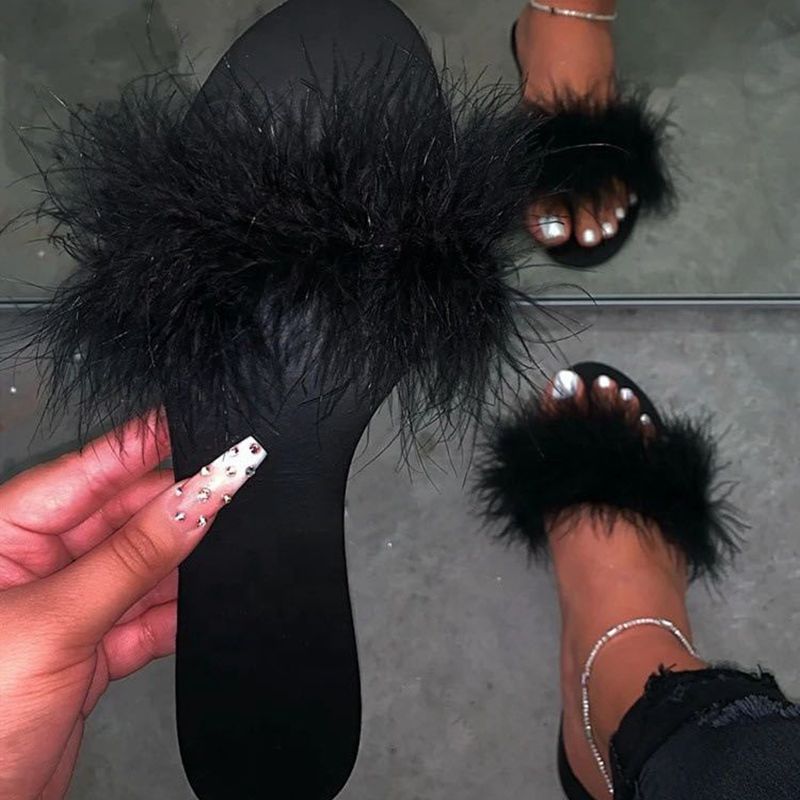 

Women's Sandals Colorful Fake Fur Sandals Fashion Fluffy Faux Fur Furry Women's Outdoor, Black