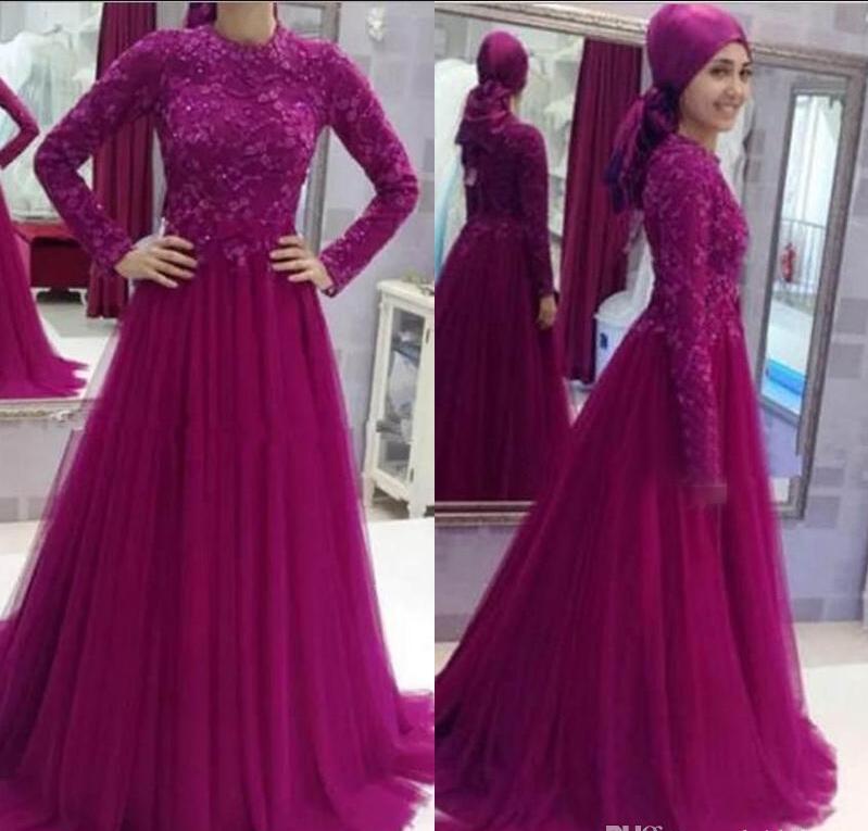 

2020 Arabic Fuchsia A Line Long Sleeves Lace Prom Dresses high neck Floor Length Vestido Evening Gowns Special Occasion Party Gowns, Blue