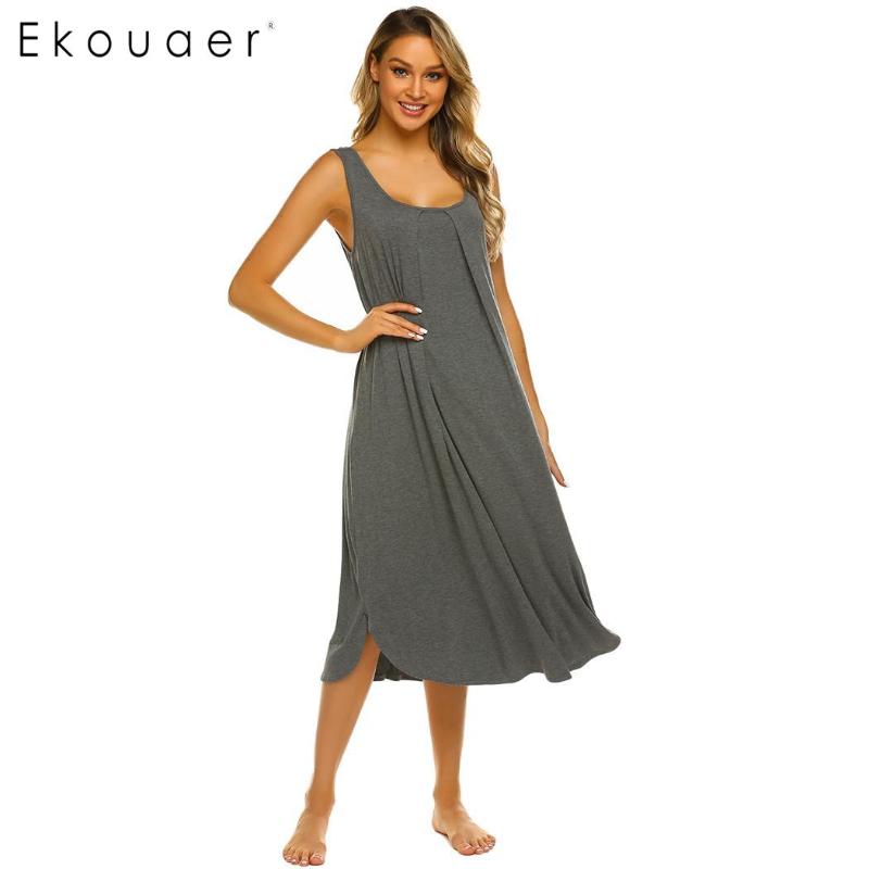 

Ekouaer Women Sleepshirts Nightgown Solid O-Neck Sleeveless Front Pleated Loose Nightdress Female Chemise Night Dress, Black