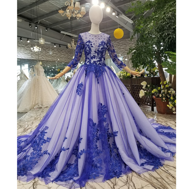

BGW 2156ht Elegant Long Sleeves Evening Dress O Neck Ball Gown Lace Up Back Blue Lace Evening Formal Dress Real Photos, As picture