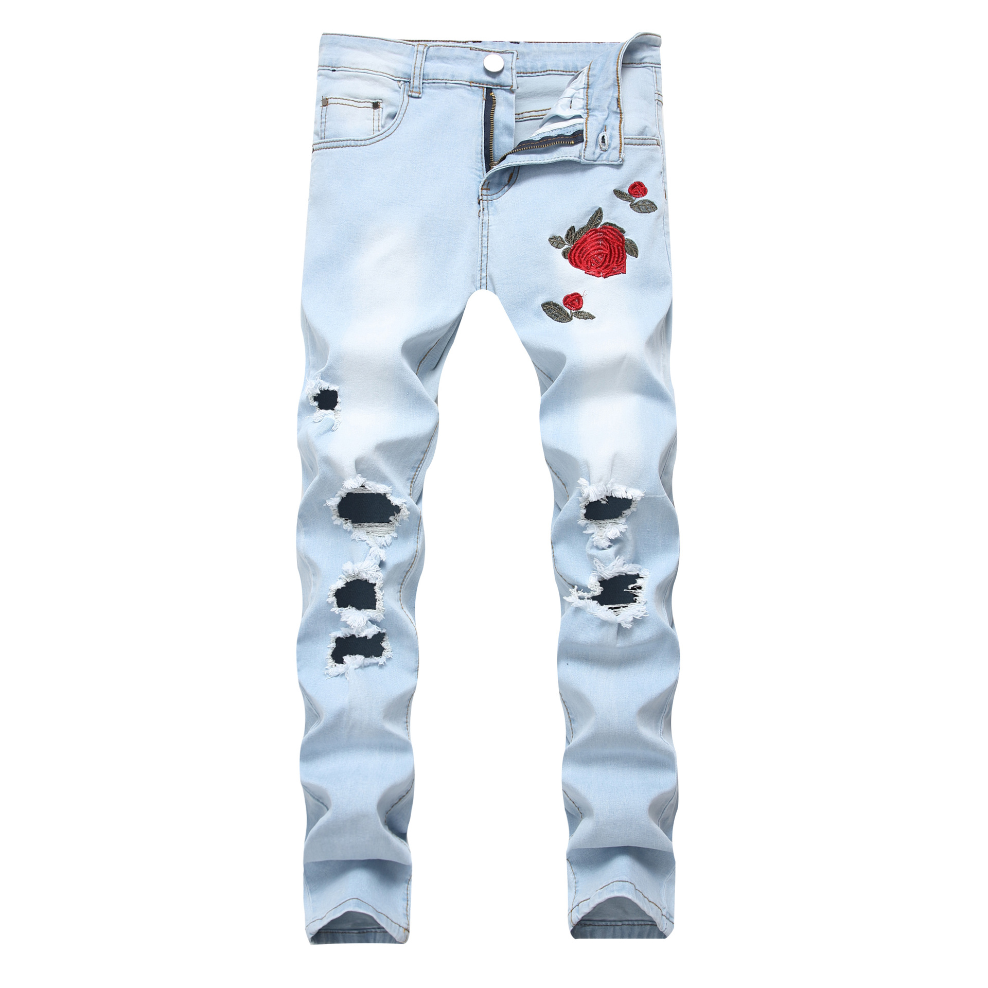 

Fashion Mens Ripped Jeans Floral Embroidery Straight Fit Lightblue Denim Pants Vintage Washed Destroyed Jeans With Holes For Men, Black