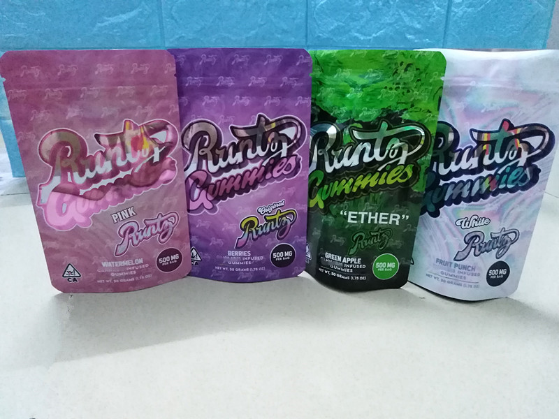 

2020 new 4 runtz gummies bag 500mg hologram mylar zipper resealable edible packaging pouch ether pink white original runty