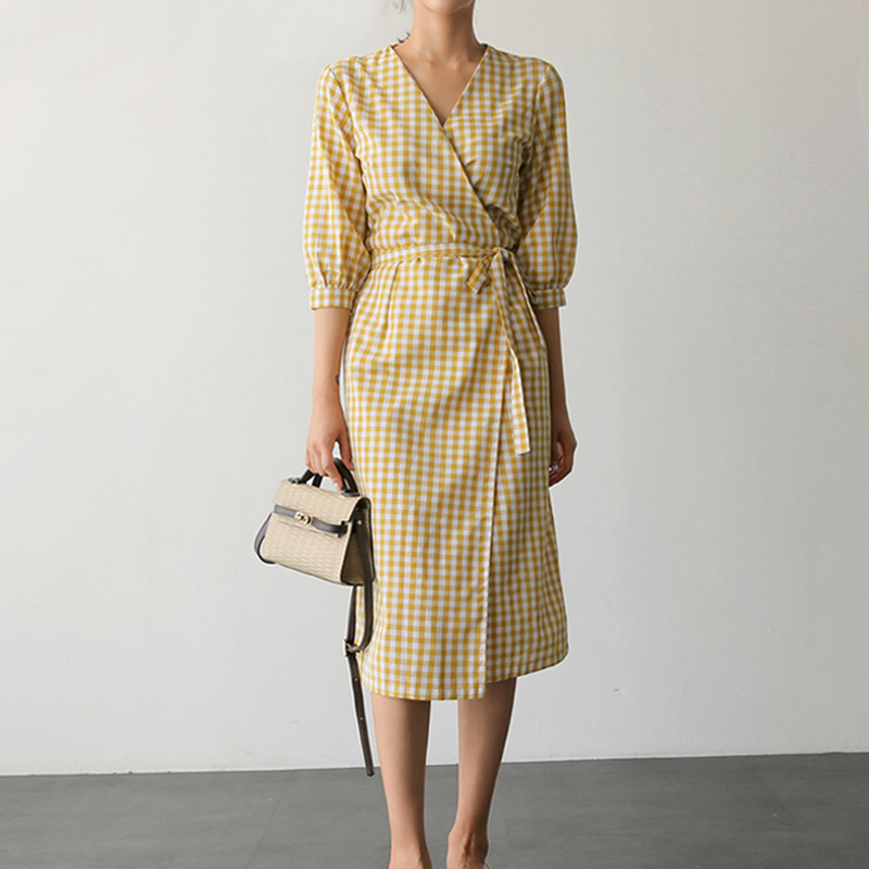 

2020 New Spring Autumn Women Plaid Dress Lace Up Bow Wrap V-Neck Three Quarter Sleeve High Waist One Piece Dresses GD306, Black