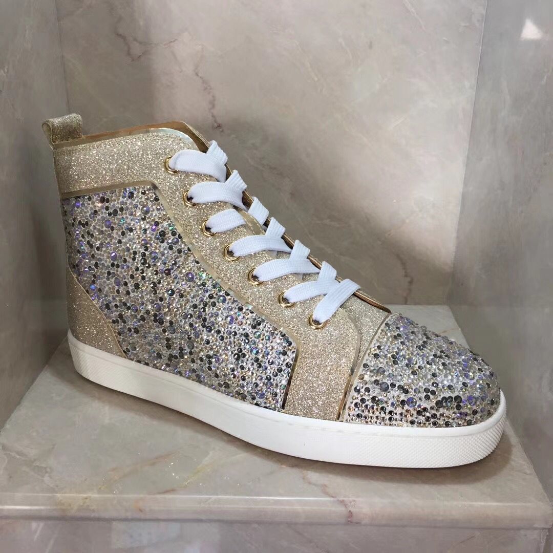 Gold, Sliver Glitter Cuir haut Top haut de baskets de basse de baskets de fond rouge, de la marque parfaite strass décontractée marche en plein a