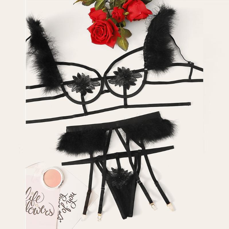 

Sexy Bra Set Lingerie Women Lace Exquisite Mesh Lingerie Bra+Garter+Briefs Babydoll Cut-Out Sets Lenceria Hot Erotic, Black