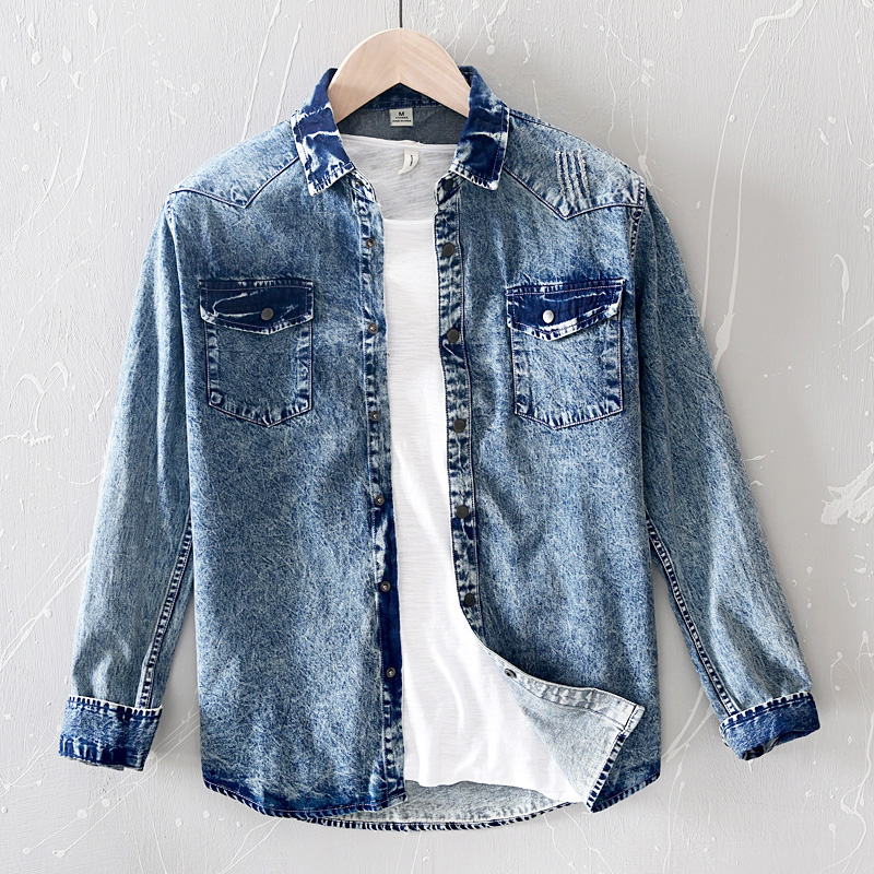 

New spring Men casual Retro snowflake wash Denim Shirt 100% cotton black tops jeans Cargo shirts man clothing Asian size 3XL