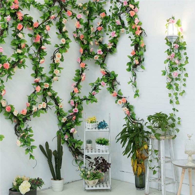 

Silk Roses Ivy flower wall Vine Artificial Flowers Green garland For Home Wedding garden Decoration Hanging Garland Decor Rattan