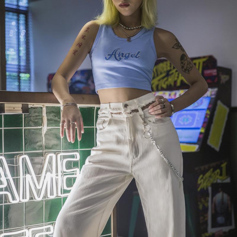 

Streetwear Sexy Solid White Destroyed Ripped Hole High Waist Loose Straight Cargo Denim Summer Slim Pant Women Harajuku Fashion, As pic chain