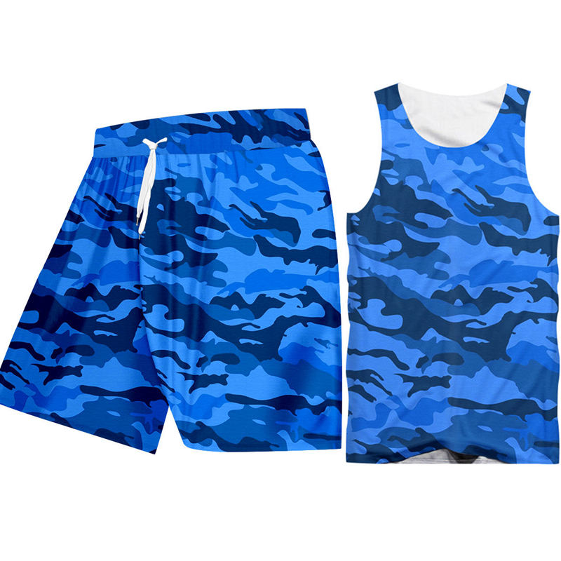 

Retro Sleeveless Camo Tank Tops Shorts Men' Workout Sets Custom Blue Camouflage Print Hoodie Vest Shirts Shorts Sportsuit Sets, Tank top