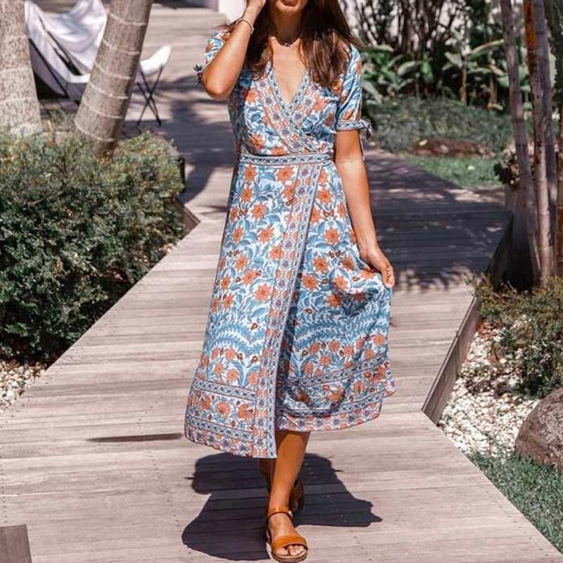 

2020 New Fashion dresses Women' V-Neck Floral Print Bandage Short Sleeve Beach Vacation Dress Bohemia Slim fit dresses