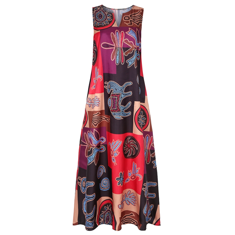 

Women Summer Dress Print Daily Casual Sleeveless Vintage Bohemian V Neck Maxi Dress Female Fashion, Red