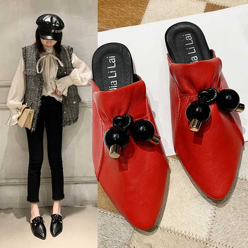

Ins Hong Kong style women's shoes pointed Muller Slippers New Summer 2020 Baotou leisure lazy bead semi slippers, See chart