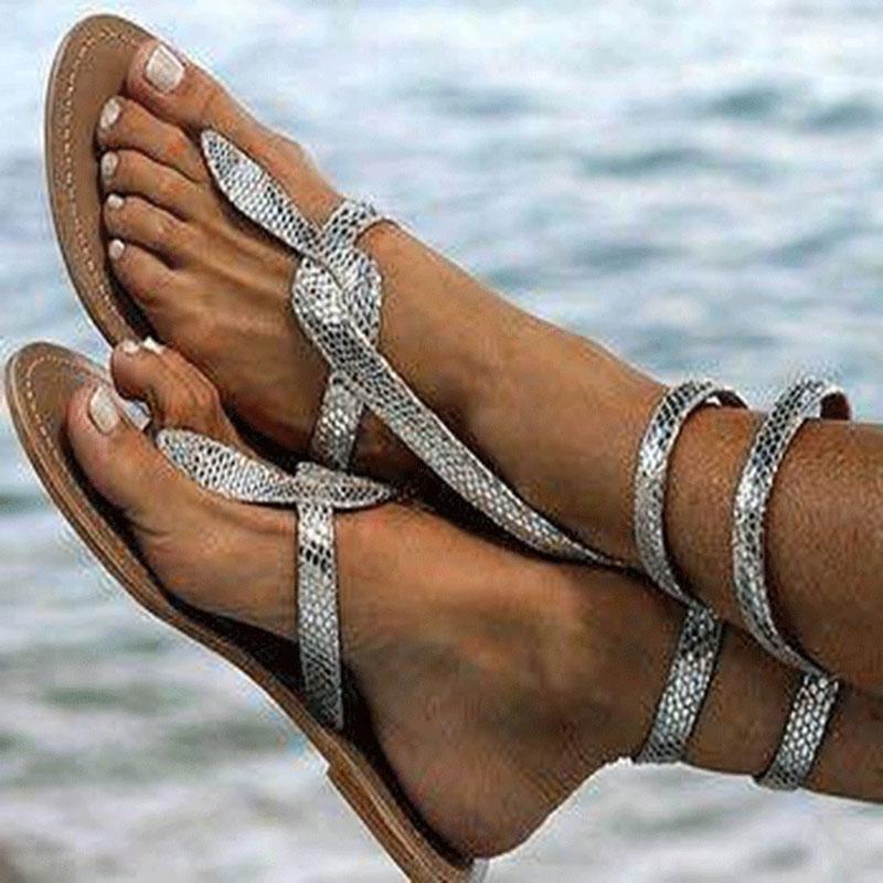 

2020 Women Sandals New Women Sandals Snake Ankle Wrap Beach flats Lace up Summer Shoes Woman Gladitor Flip Flops, Silver