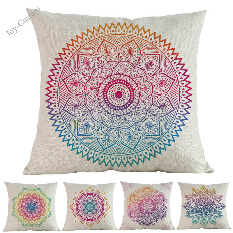 

Gradient Color Mandala Pattern Linen Throw Pillow Case Home Sofa Room Decoration Cushion Cover Buddhism Religious belief, Beige