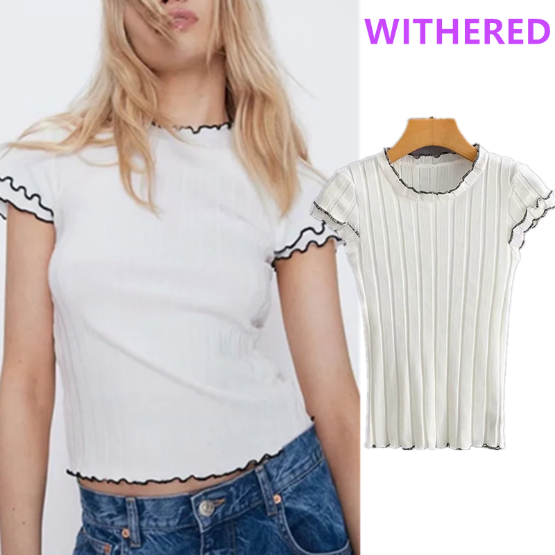 

Withered england vintage simple ruffles knitted skinny basic summer t shirt women harajuku tshirt camisetas verano mujer 2020, Black