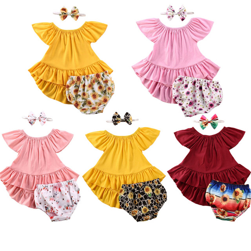 

Girl Clothes Summer Baby Girls Sunflower Clothes Set Cotton Summer Kids Sleeve Blouse + Print Shorts + Headband Suits 0-24M